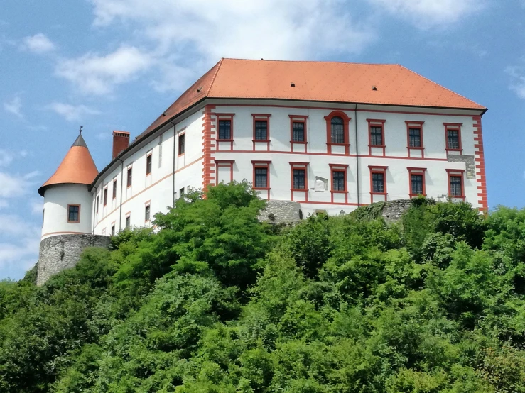 there is a very tall white house on a hill