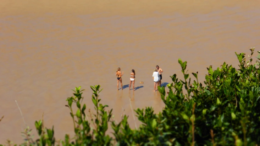 two people walking through some muddy water next to trees