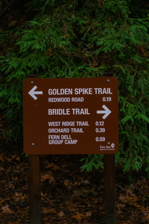 a sign pointing to golden spike trail and redwoods