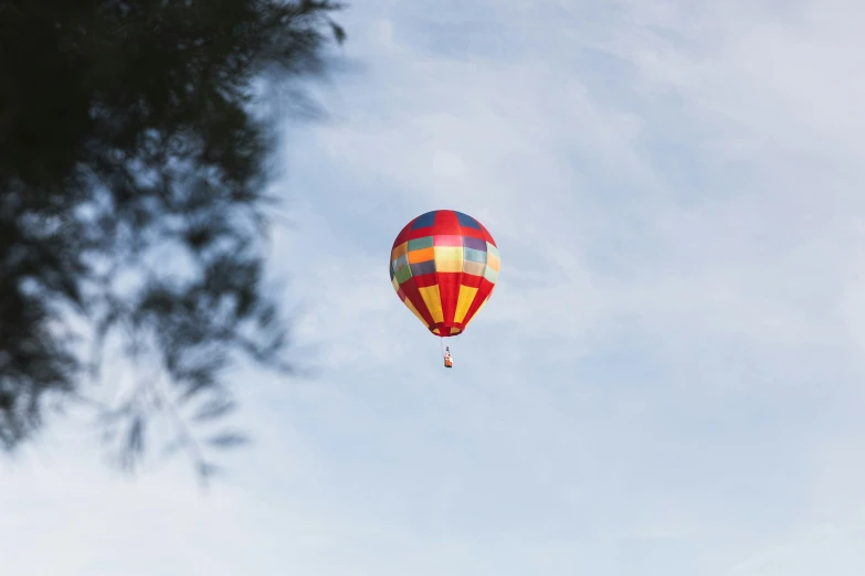 a multi colored  air balloon flying through a blue sky