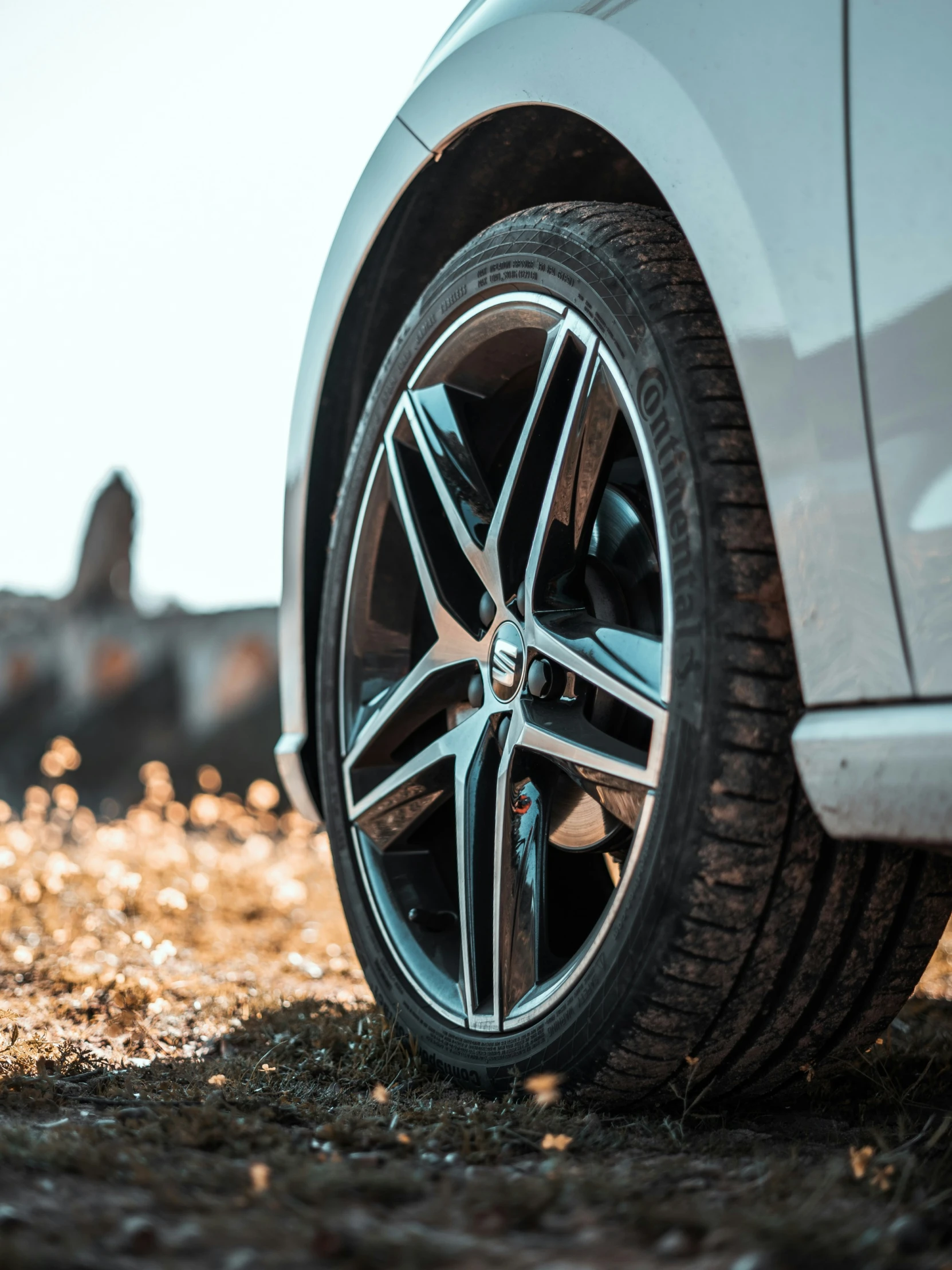 the tire of a white car parked in the grass