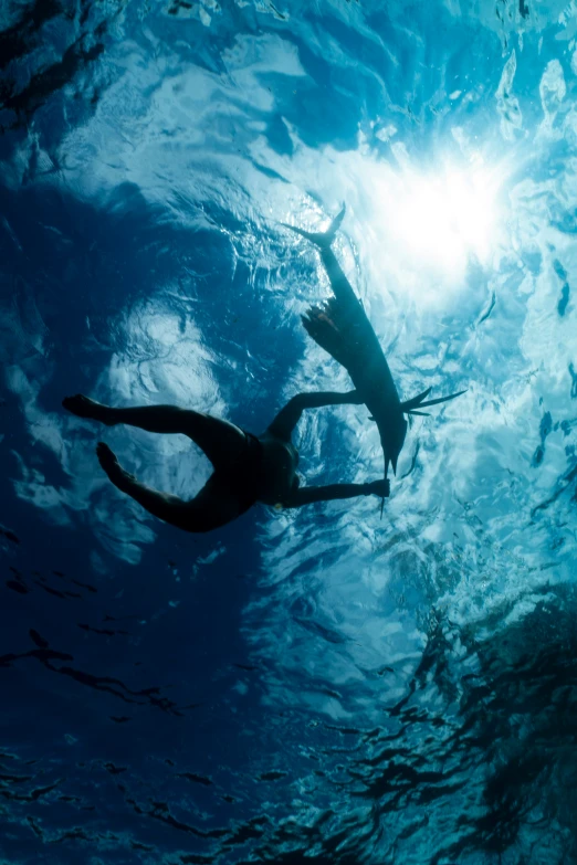 two people are swimming in the open ocean