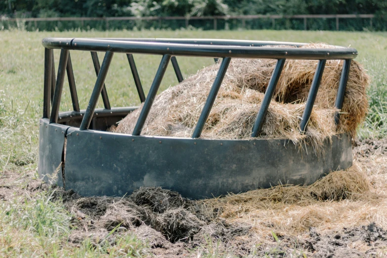 hay piled in front of a metal trough