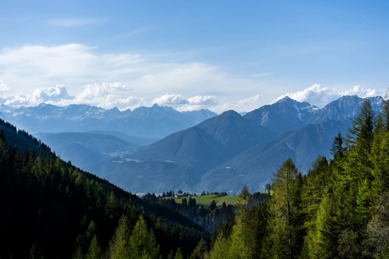 a scenic view of mountains with trees and grass