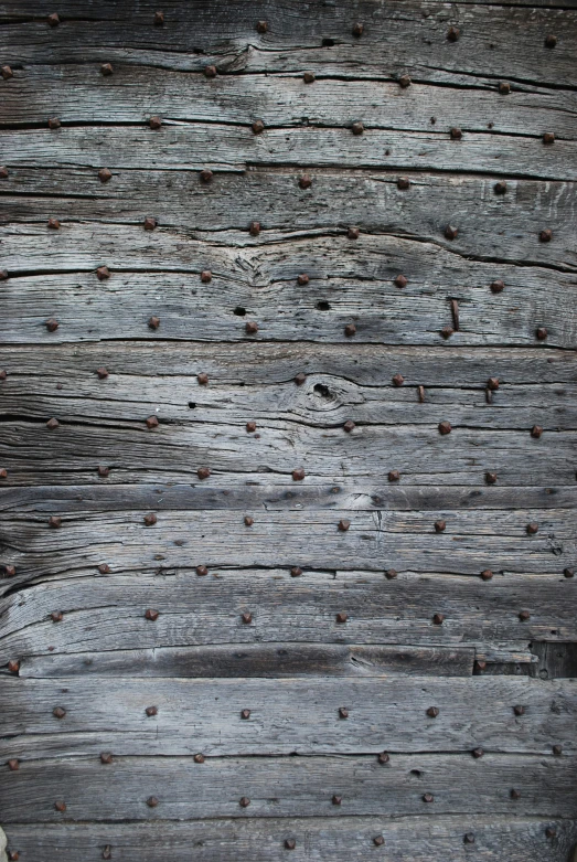 the wall of wooden planks has nails embedded into it