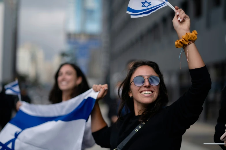 woman holding a flag and food eating