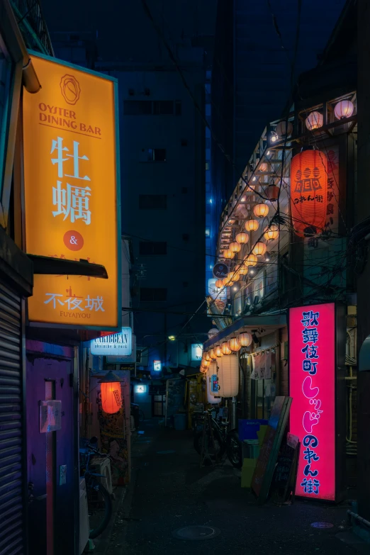 a street in a city at night with signs and buildings with asian writing