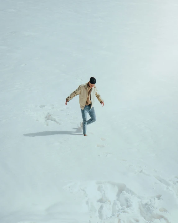 a person in white jacket riding a snowboard on snow