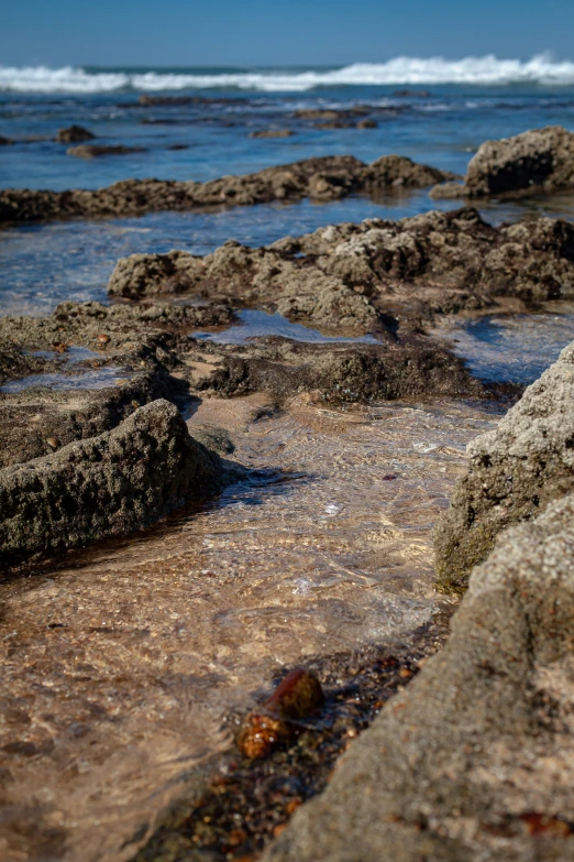 an open rocky beach with the ocean in the distance