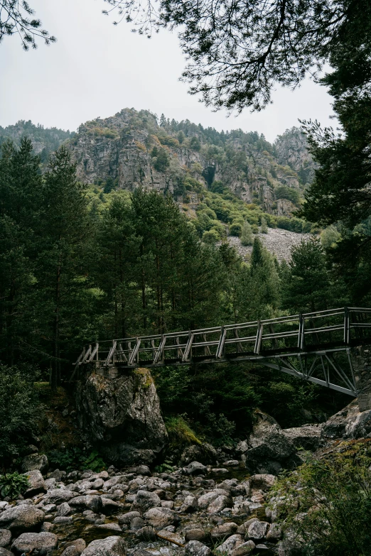 a bridge on a river with a mountain in the background