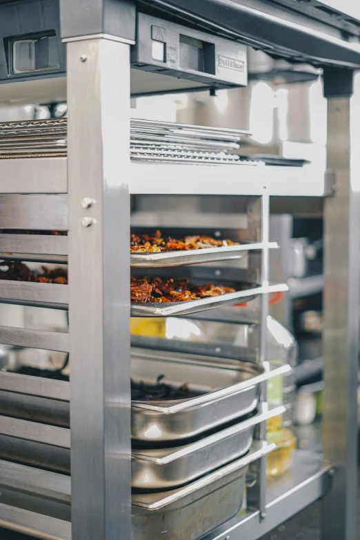 a bunch of food is baking inside of a commercial oven