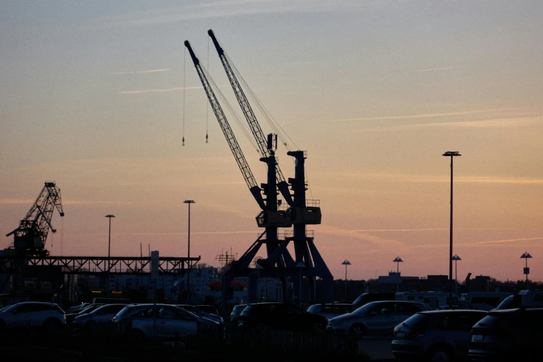 silhouetted image of cranes in the evening sky