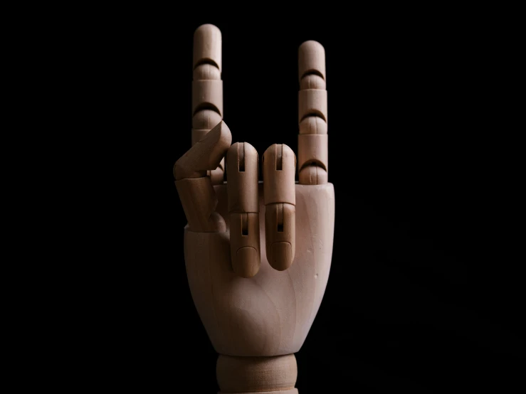 a small hand made of wood holding two fingers