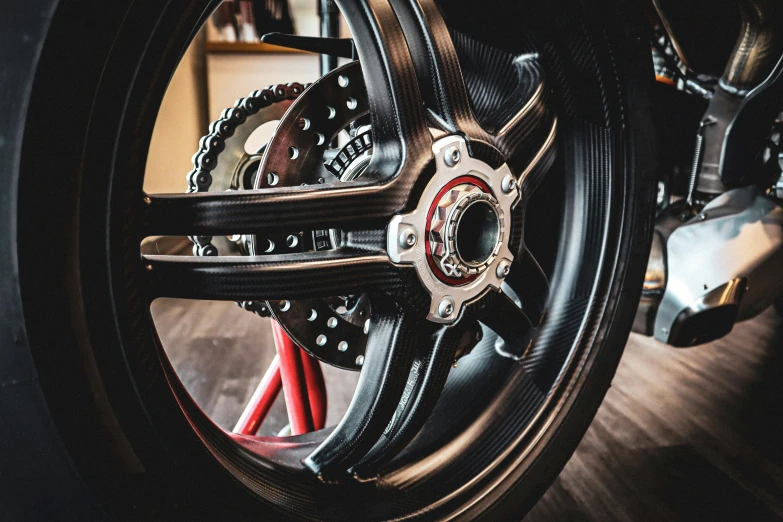 a close - up of the front wheel of a motorcycle