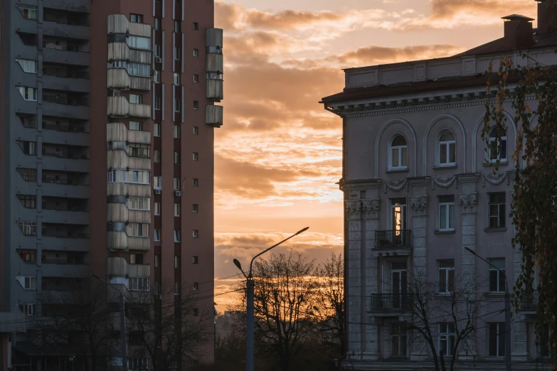 the cityscape is very gloomy at sunset