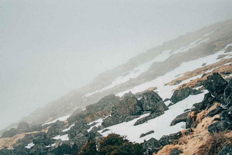 the snowy mountains in the distance have a thick layer of clouds