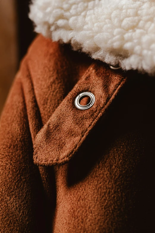 closeup of an outer outer coat with a on on it