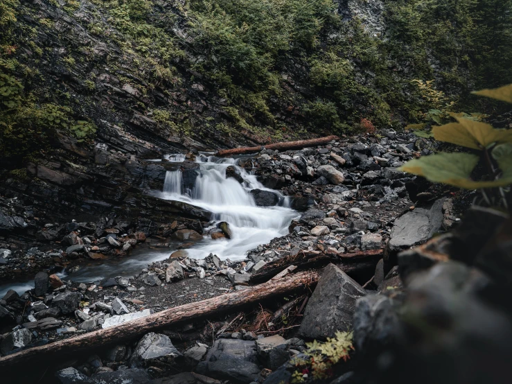 a small waterfall near some trees and rocks