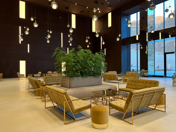 an empty lobby is decorated with modern design