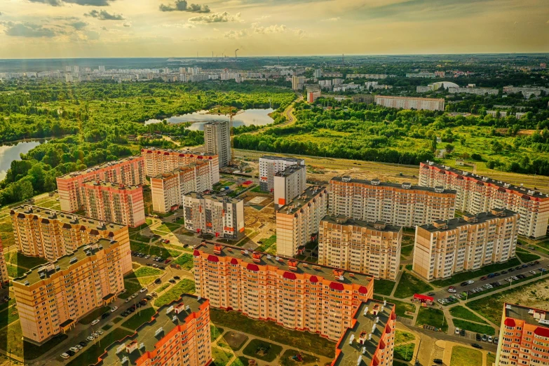 an aerial view of an urban area near the river