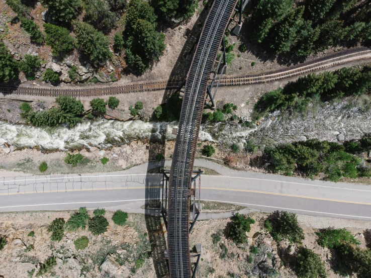 an aerial view of the train tracks