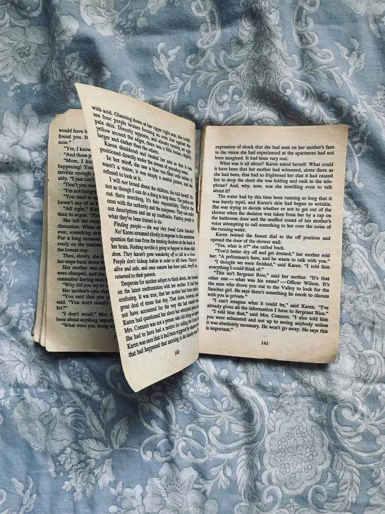 an open book laying on a blue and white pillow