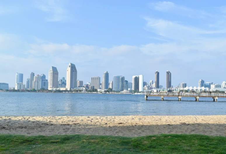 a body of water with a city in the background