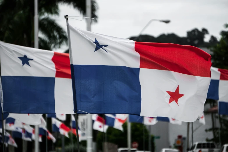 a row of flags on a street with other flags behind them