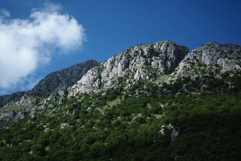 the green mountain is dotted with trees under blue sky