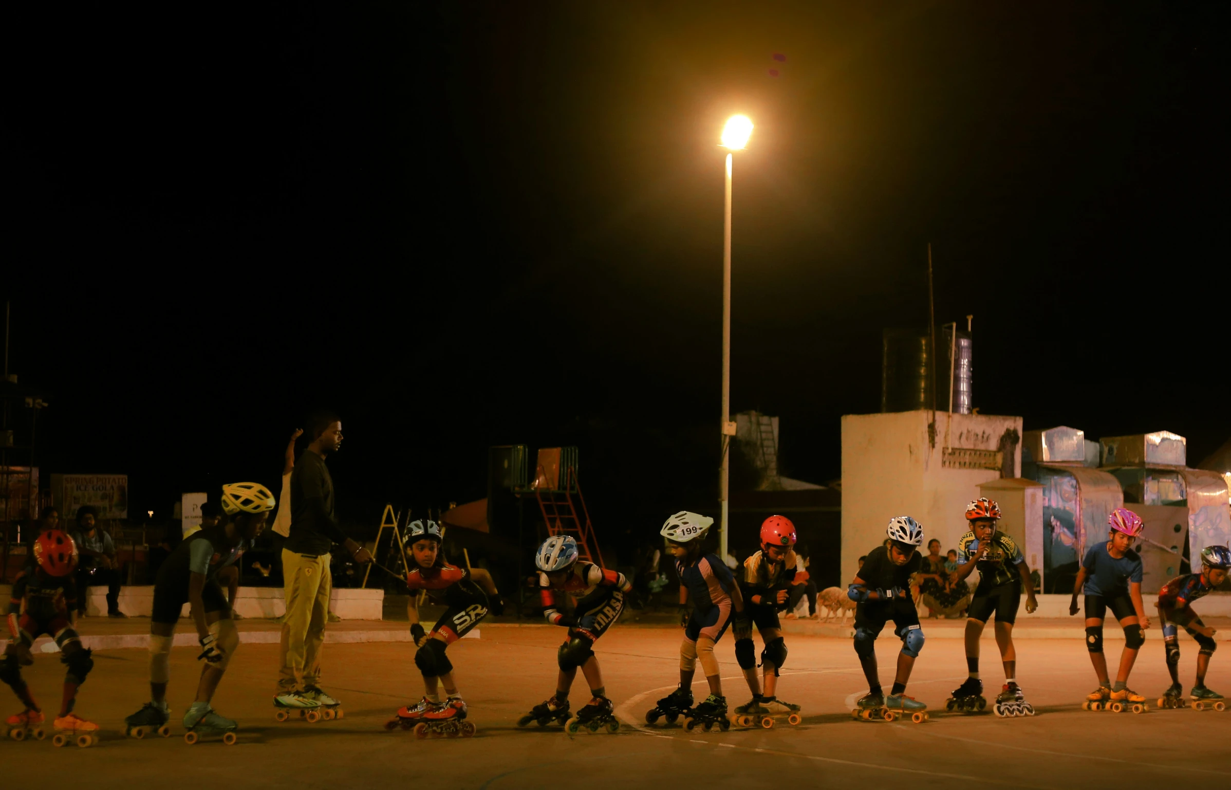 the skateboarders are all dressed up for their turn