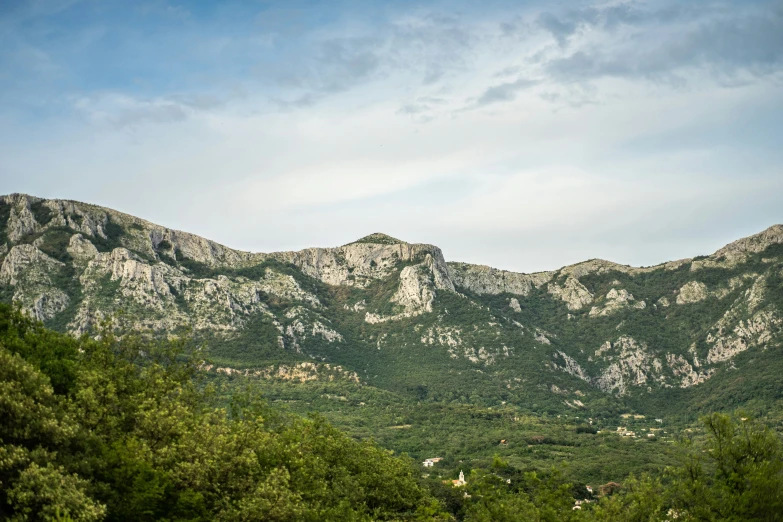 mountain range with many trees surrounding it