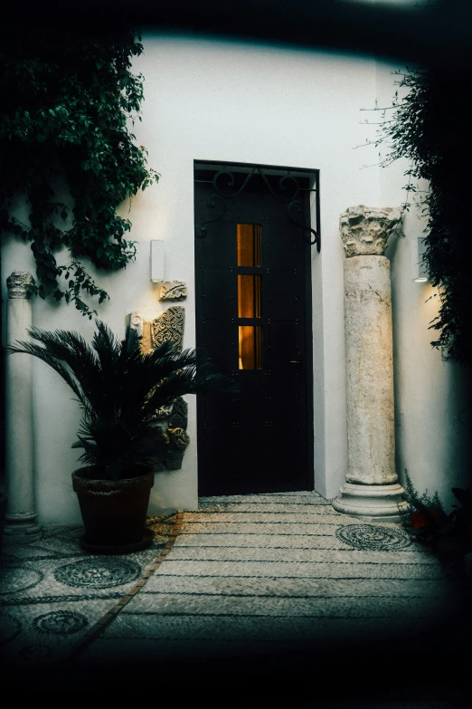 a white stucco building with black door and potted plants