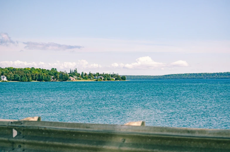 a body of water with trees on the horizon