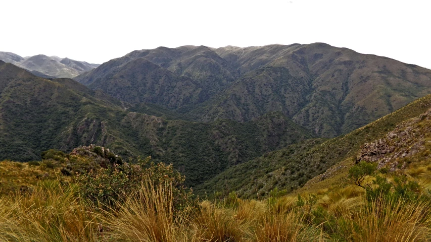 a picture of mountains in the foreground with a green and brown grass field on the far side