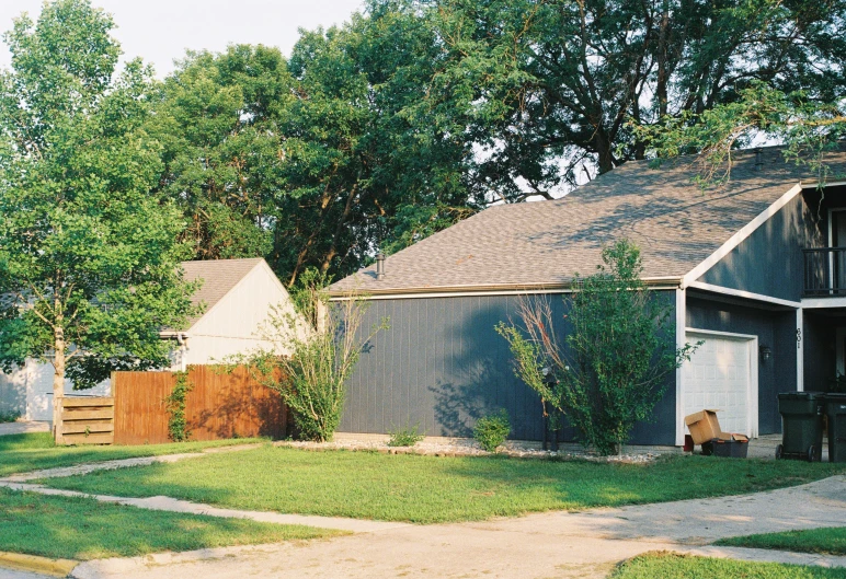 a cat sits in the yard next to a home