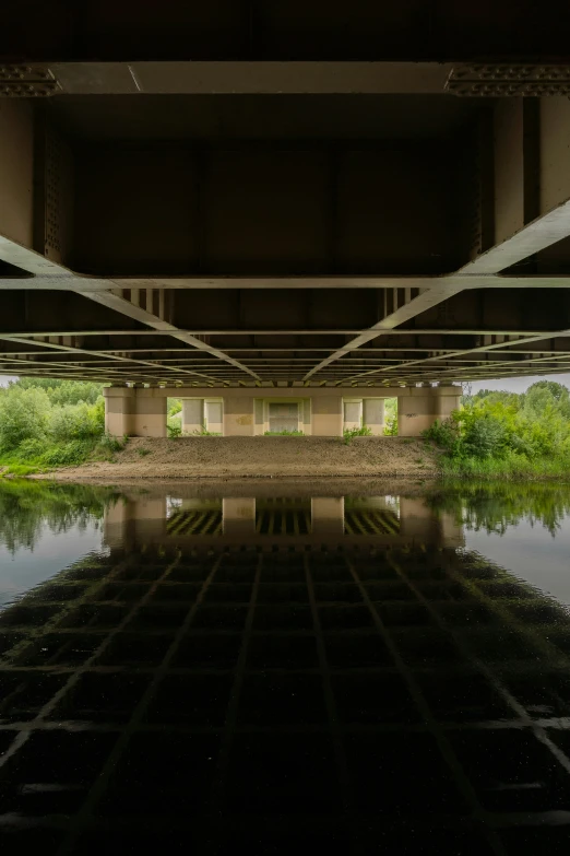 a bridge that is reflecting in water and trees