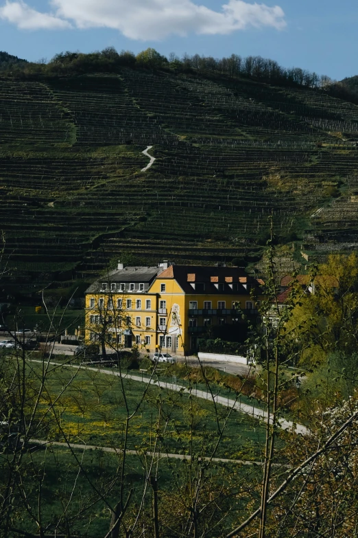 an orange building sits alone in front of a green mountain