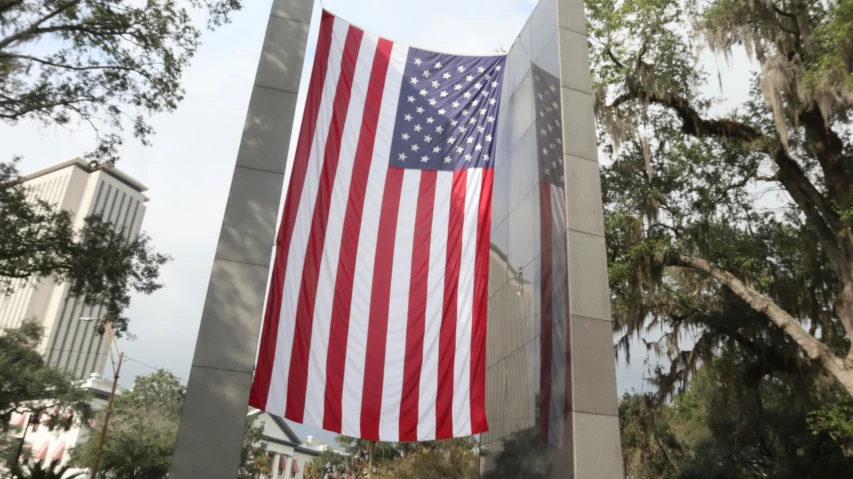 a large american flag in front of trees