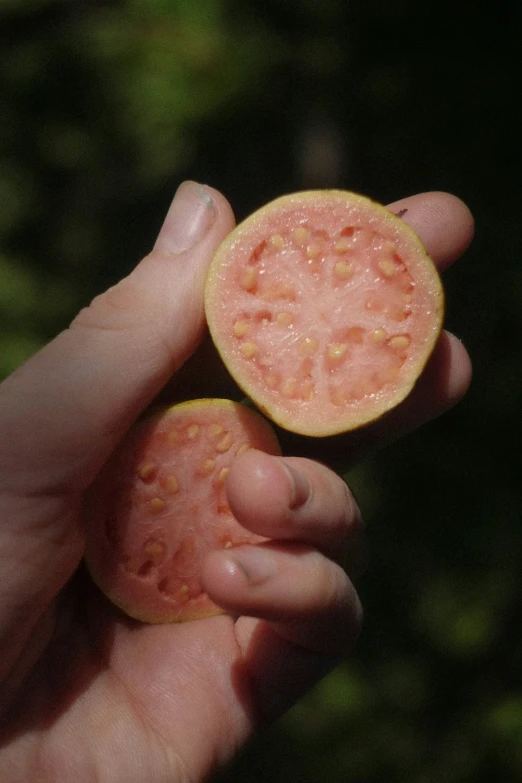 a hand that is holding a half of fruit