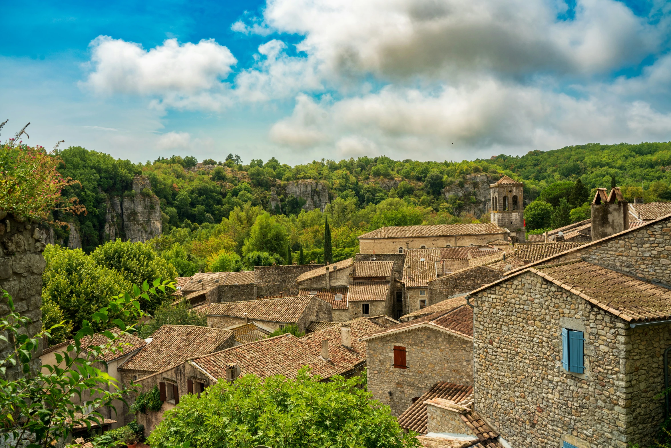 view over the city of stone houses in the mountains