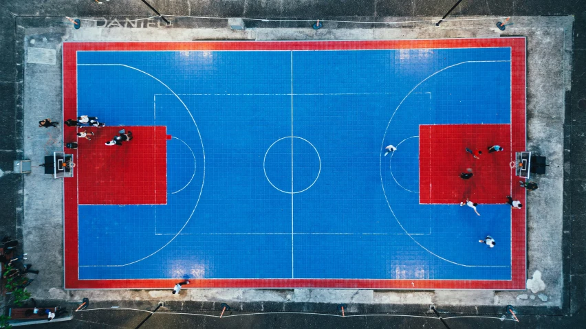 an aerial view of a basketball court with overhead line