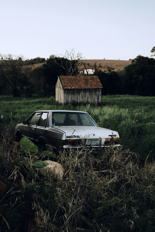 an old car is in the tall grass