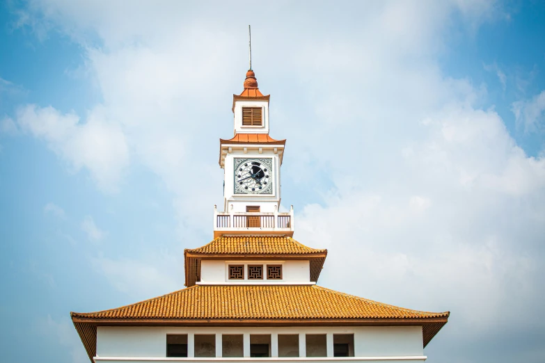 a building with a clock tower and sky behind it