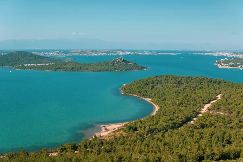 a wide view from the top of an island, looking down at several islands