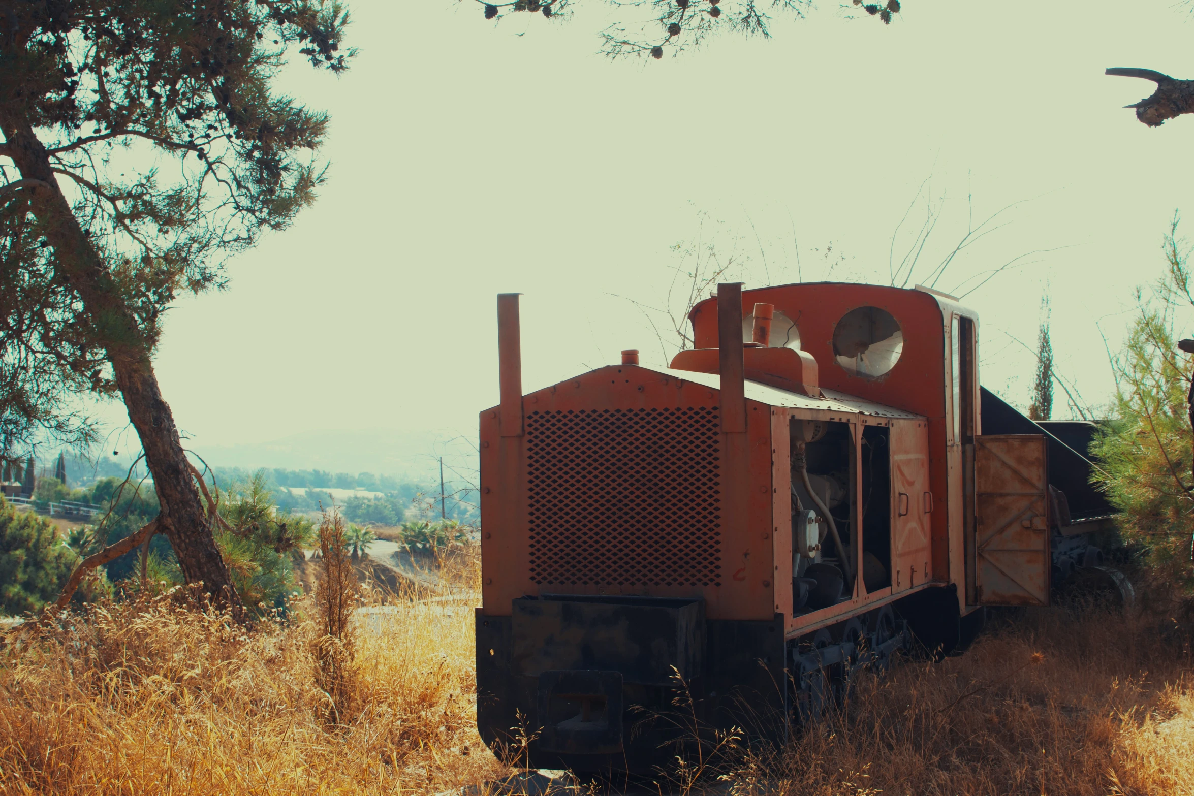 the vehicle is sitting in the grass by the trees