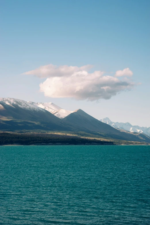 the mountain behind the lake has snow on it