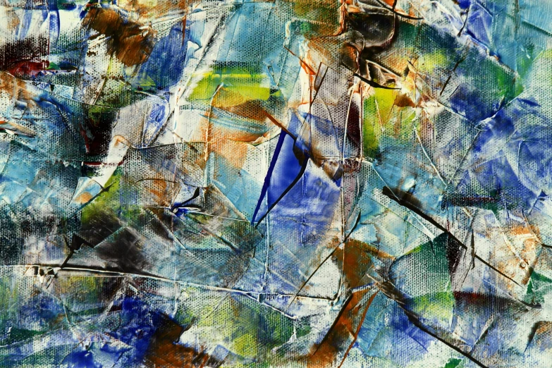 a painting with blue, green, yellow and brown colors