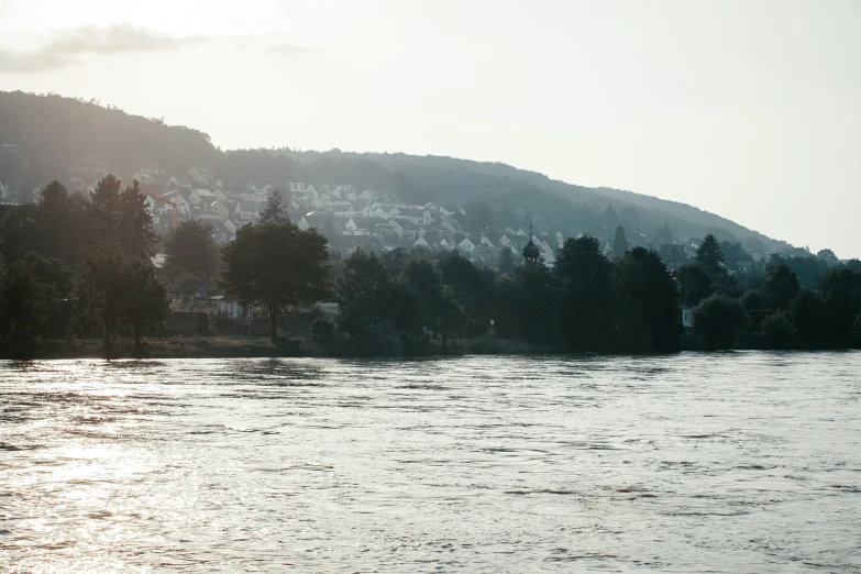 a river is flowing through a town covered with trees