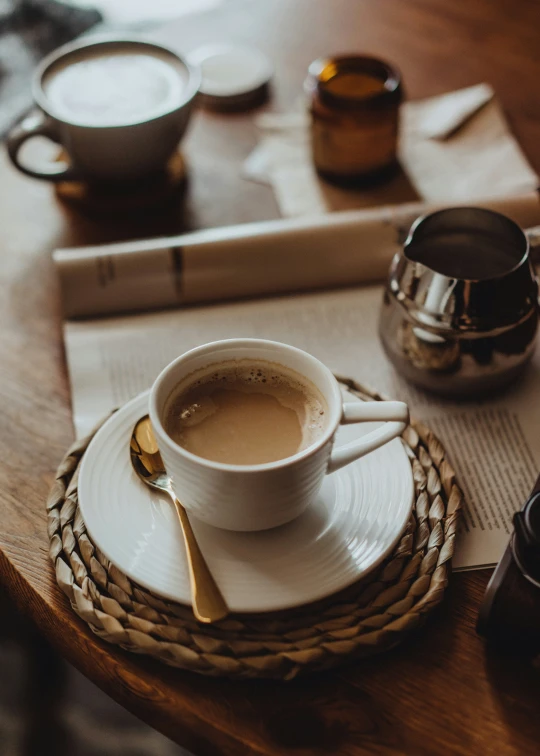 a table with a cup of coffee and a plate