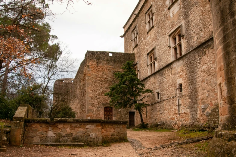 the building is old and dilapidated near trees